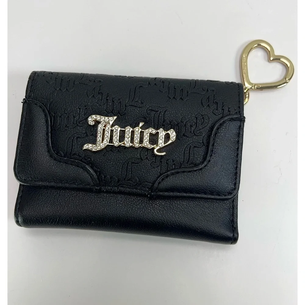 Juicy Couture Heartless Trifold Wallet Double Sided Gold Charm Liquorice Black
